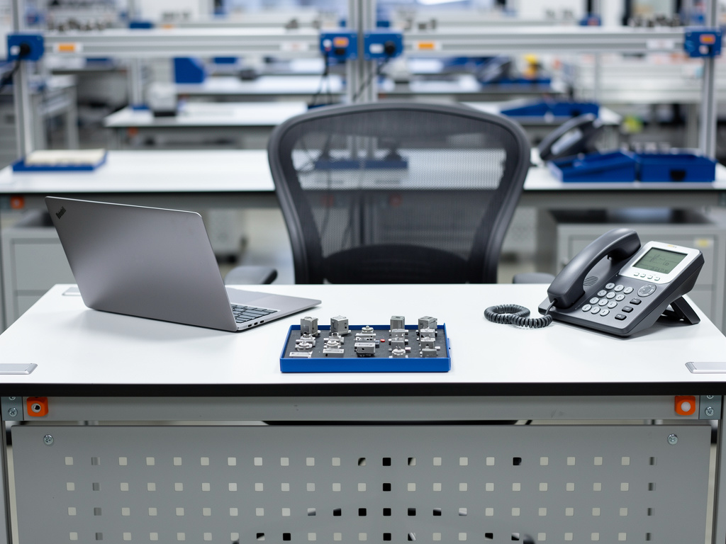 A tidy technical support desk with a laptop, a desk phone and a tray of sample components, chair empty.