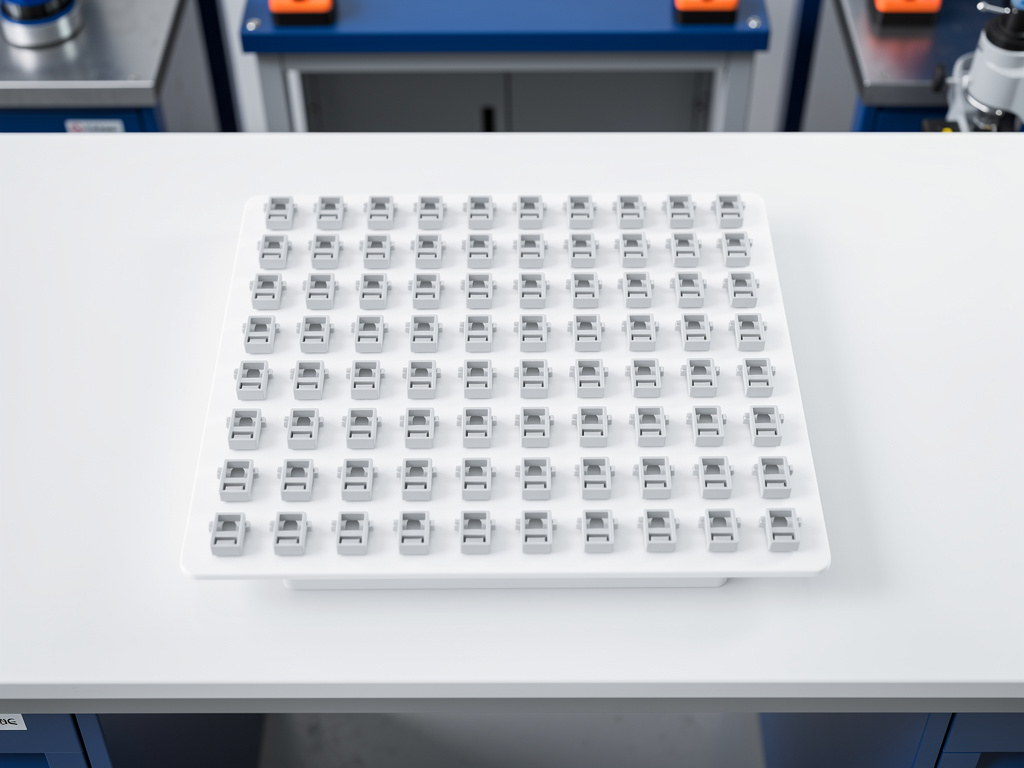 A neat grid of identical plastic clips arranged on a white tray, shot from directly above.