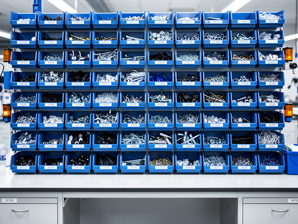 An organized parts wall with labeled-free blue bins filled with clips, clamps and connectors.