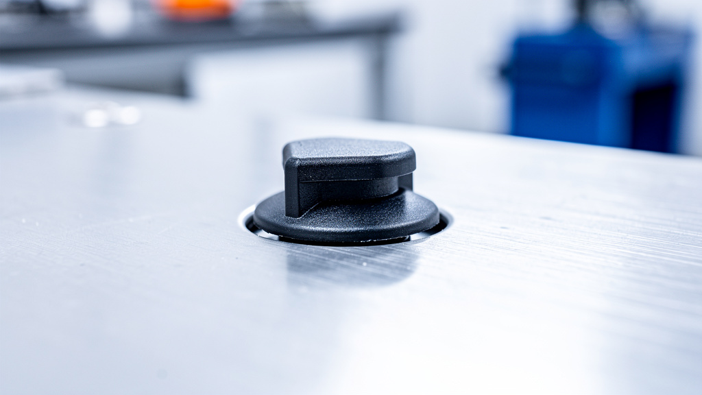 Extreme macro of a black plastic push-in clip seated in a metal panel hole, sharp edges against a soft ice-white backgro