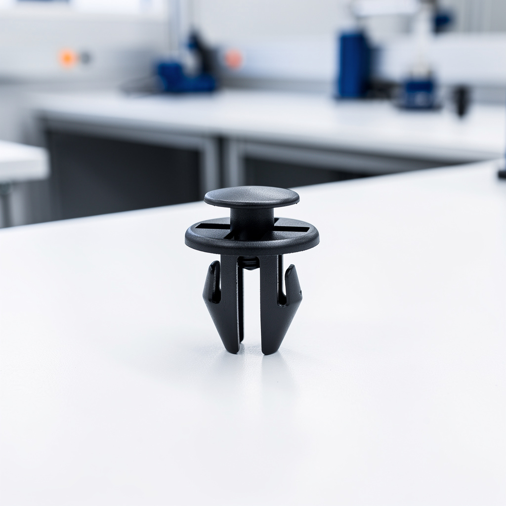 A single black plastic push-in fastener clip standing on a clean ice-white surface, soft shadow, no markings.