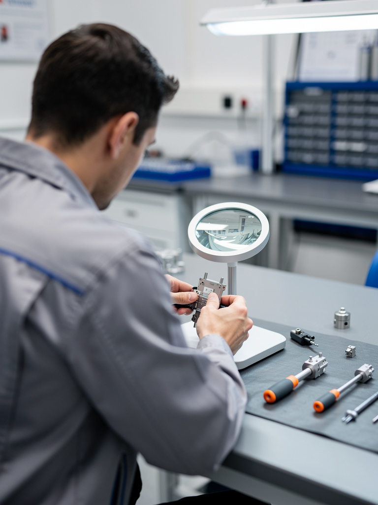 An engineer seen from behind at a steel workbench, reviewing a component under a magnifying lamp, face out of focus.